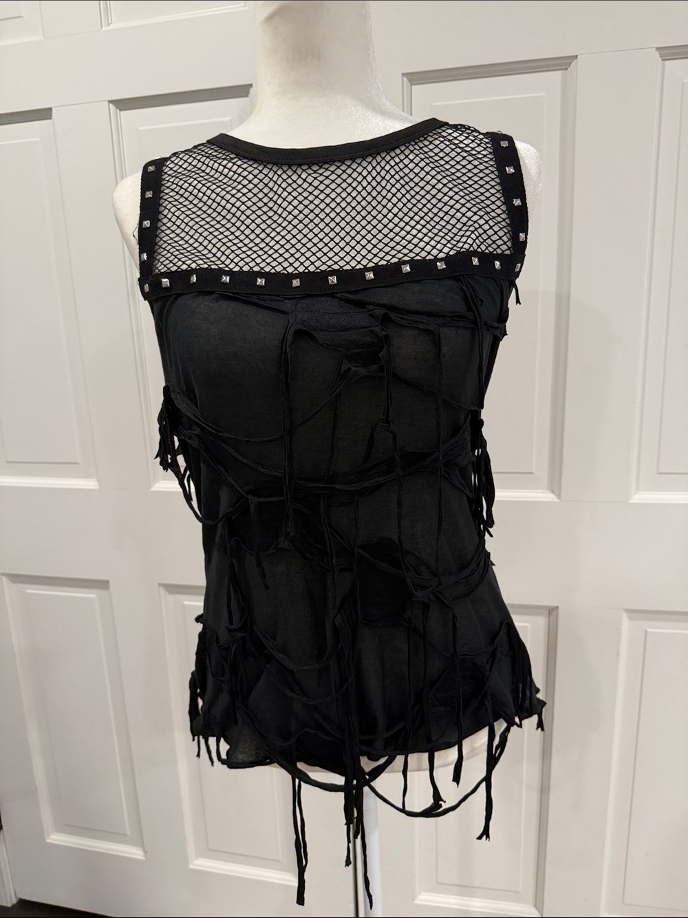 Women’s Black Mesh & Fringe Sleeveless Top